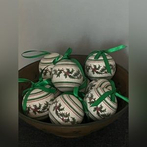 Vintage Christmas Ornaments Holly Sparkly Tree Decor Green Ribbons 10pc set